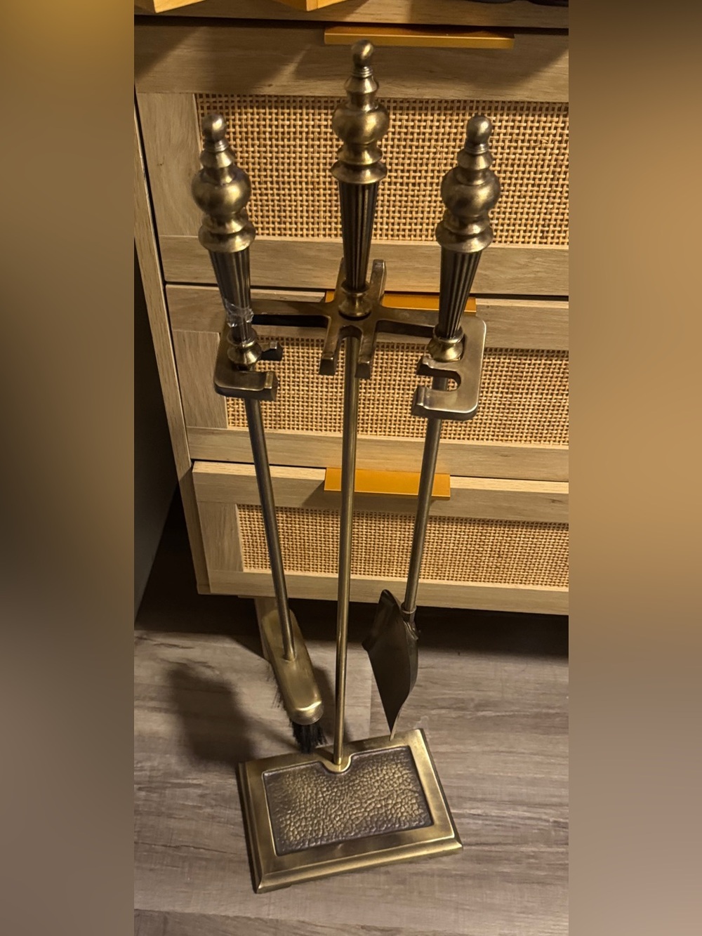 Vintage Brass Fireplace Caddy Stand & Tool Set – Sweeper & Shovel - 3 Pieces